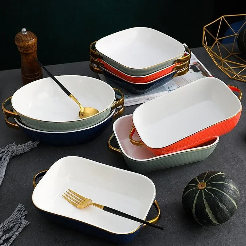 Golden Edge Ceramic Baking Dish – Retro Elegance Meets Everyday Function(non burning handles)