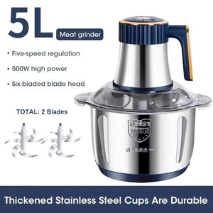 6-Blade Electric Food Processor & Meat Grinder – 5-in-1 High-Power Stainless Steel