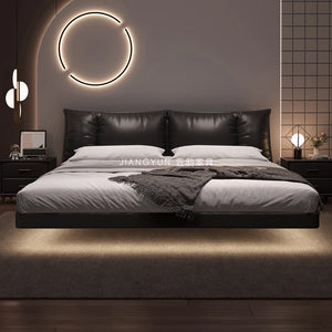 Truffle Brown Floating Modern Retro Genuine Leather Bed with Storage & Nightstands(Floats 15cm from ground)