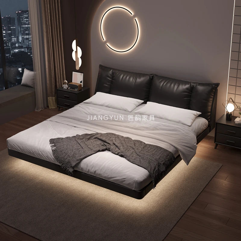 Truffle Brown Floating Modern Retro Genuine Leather Bed with Storage & Nightstands(Floats 15cm from ground)