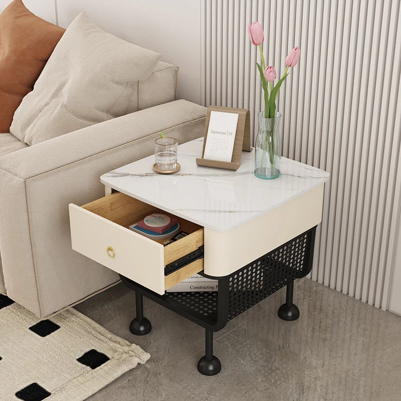 Luxury Modern Minimalist Scandinavian Nightstand – Marble Top with Woven Metal Storage
