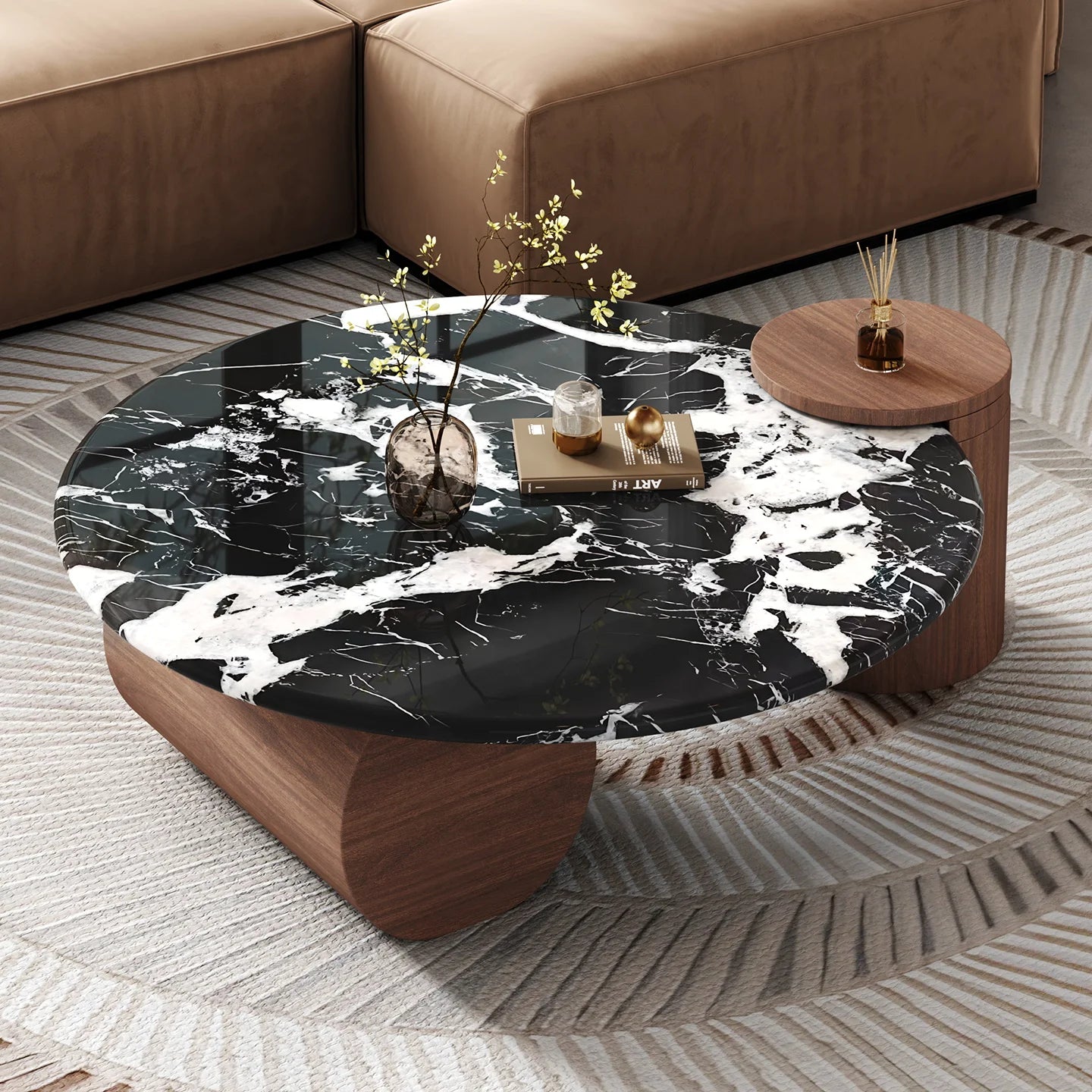Moderne Hedendaagse Luukse Marmer Koffietafel – Minimalistiese Natuursteen met Massiewe Houtraam