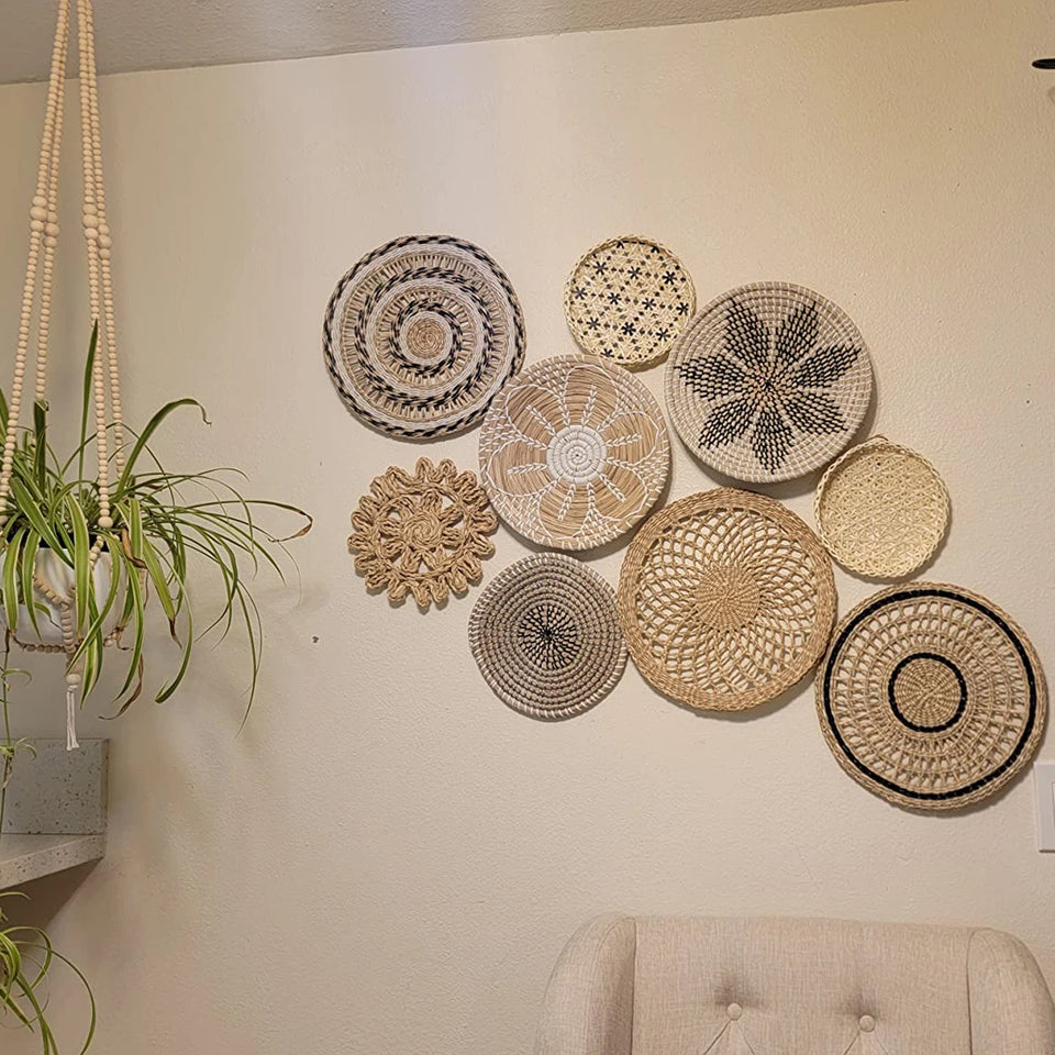 9-Piece Boho & Hamptons Style Rattan Wall Hanging Set – Neutral Tones & Timeless Sophistication