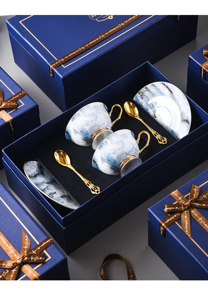 Retro Imperial European Bone China Cup & Saucer with Golden Spoon – Luxury Edition