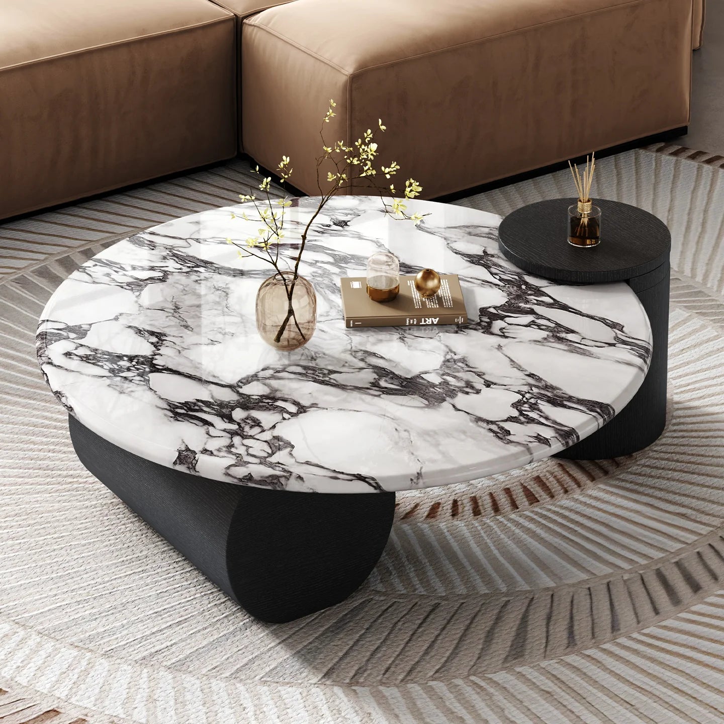 Moderne Hedendaagse Luukse Marmer Koffietafel – Minimalistiese Natuursteen met Massiewe Houtraam