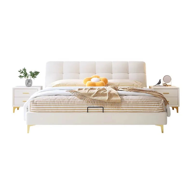 Top Grain Leather Bed – Cream Double Size Modern Minimalist Upholstered Frame