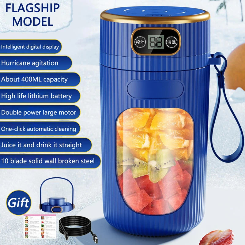 Electric Rechargeable Portable Juicer – 10 Blades with LED Display (Blue & White)