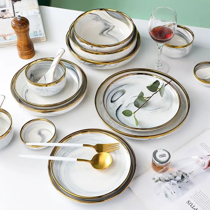 Luxury Blue & White Dinnerware Sets with Double-Sided Gilt Rims – Timeless Elegance