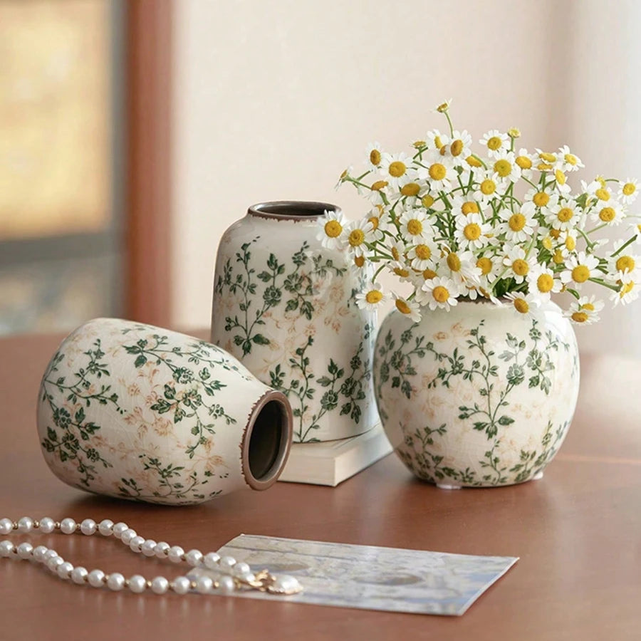 Ice Crackle Ceramic Vases – Vintage-Inspired with Green Accents WHIMSICAL HOME OF CREATIONS