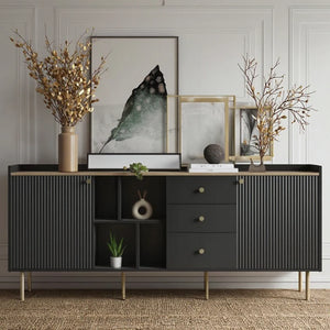 Extra Wide Retro Ribbed Sideboard with Gold Accents