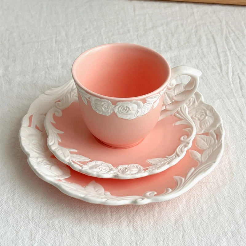 Vintage-Inspired Rose Tea & Coffee Cup Set with Saucer and Cake plate