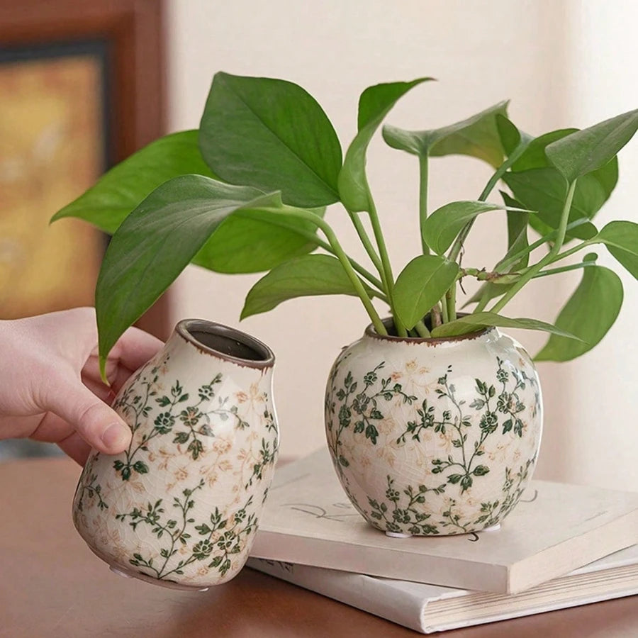 Ice Crackle Ceramic Vases – Vintage-Inspired with Green Accents
