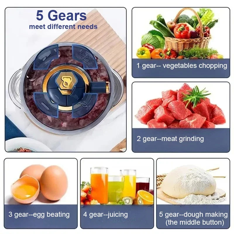 6-Blade Electric Food Processor & Meat Grinder – 5-in-1 High-Power Stainless Steel
