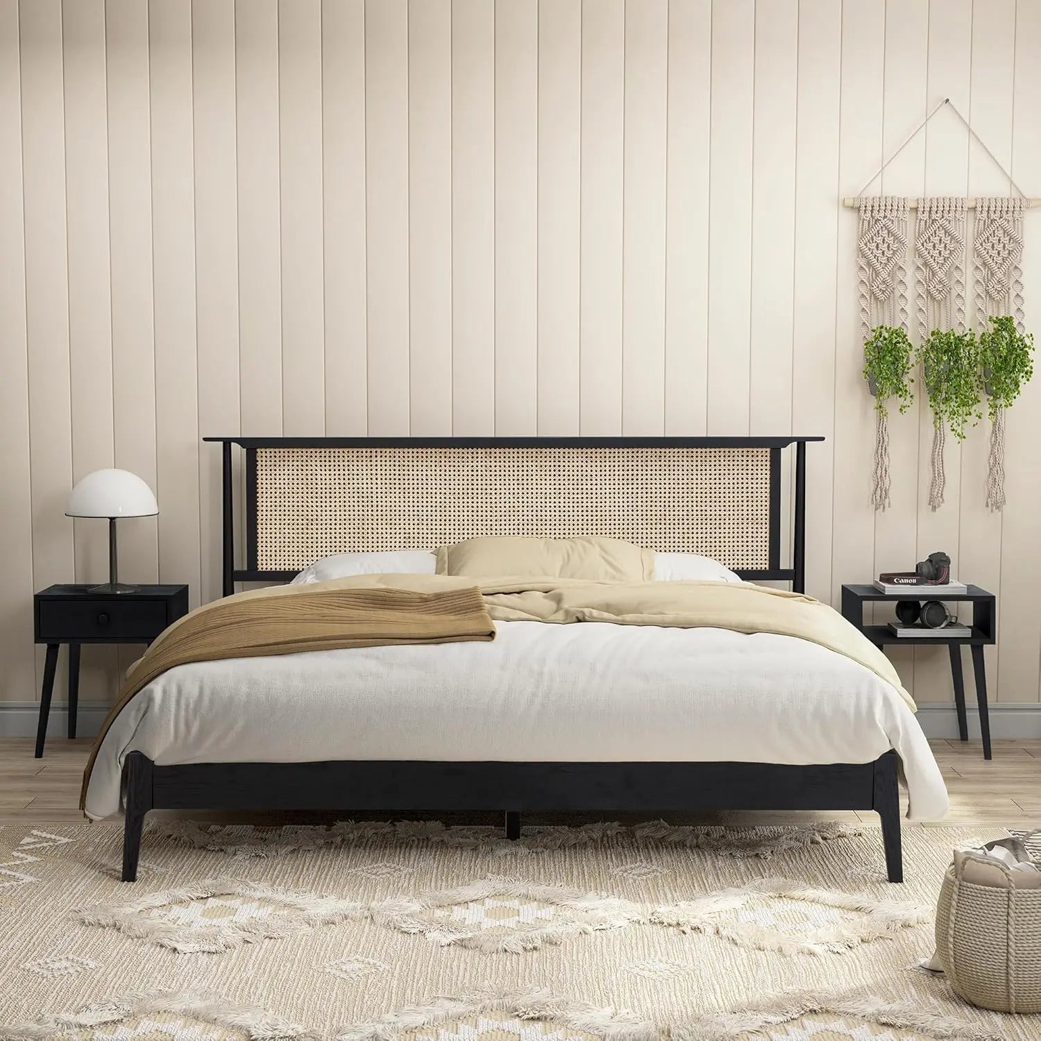 Luxury Modern Minimalist Rattan & Solid Oak Bedframe – Eco-Friendly Contemporary Design