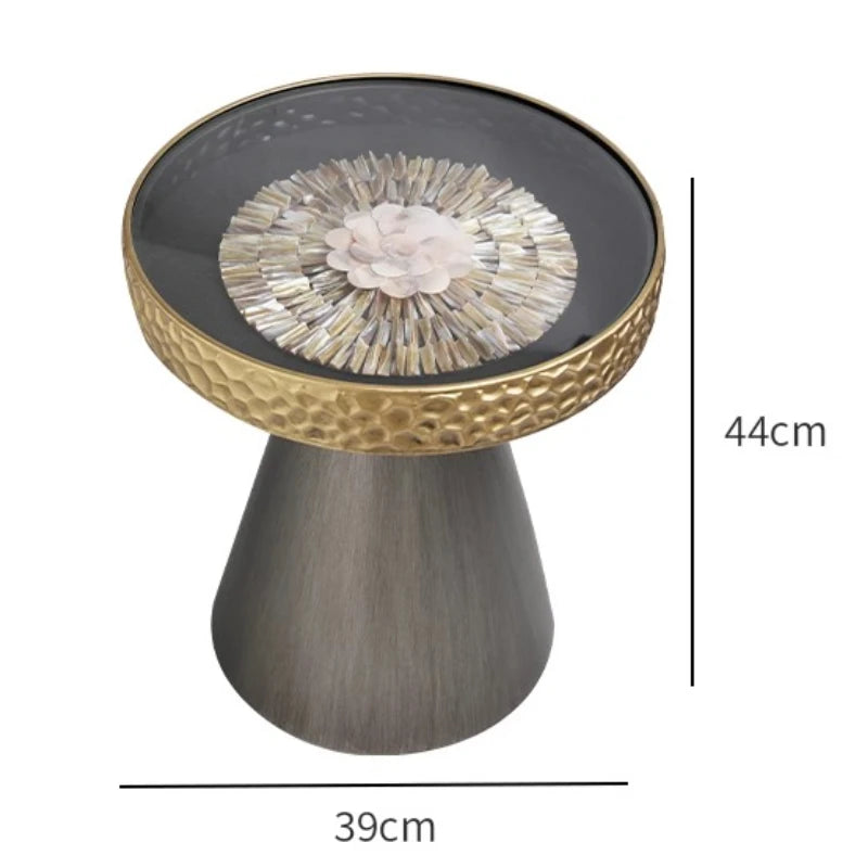 Uitstekende Luukse Art Deco Boho Koffietafel – Handgemaakte Natuurlike Skulp Inlegsel met Smeeyster Geometriese Basis &amp; Glasblad