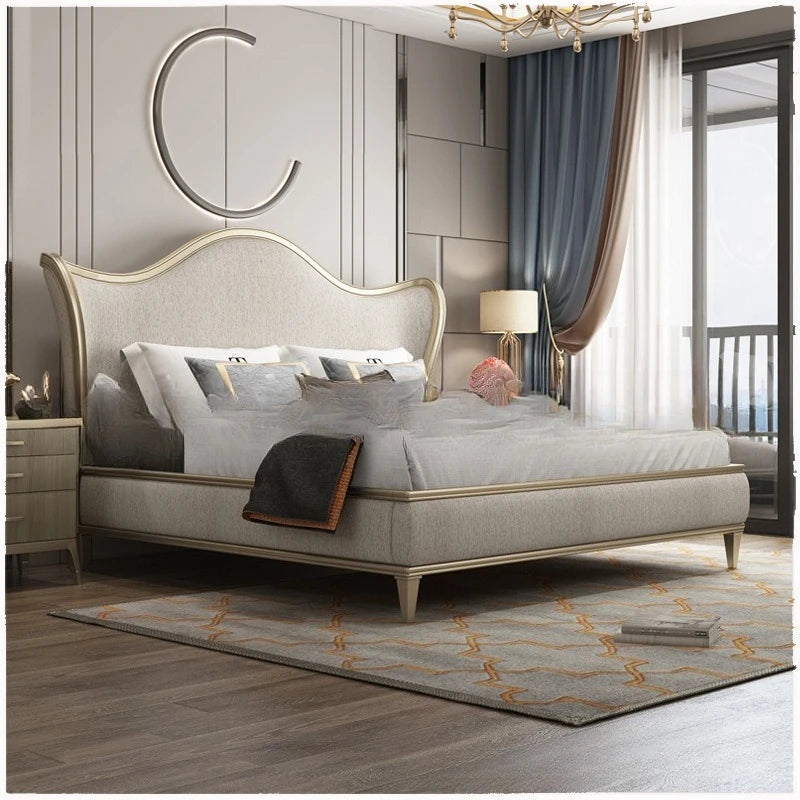 Luxury Contemporary Arched Headboard Bed – Upholstered Fabric with Champagne Gold Trim (Double Size, 1200mm Width)