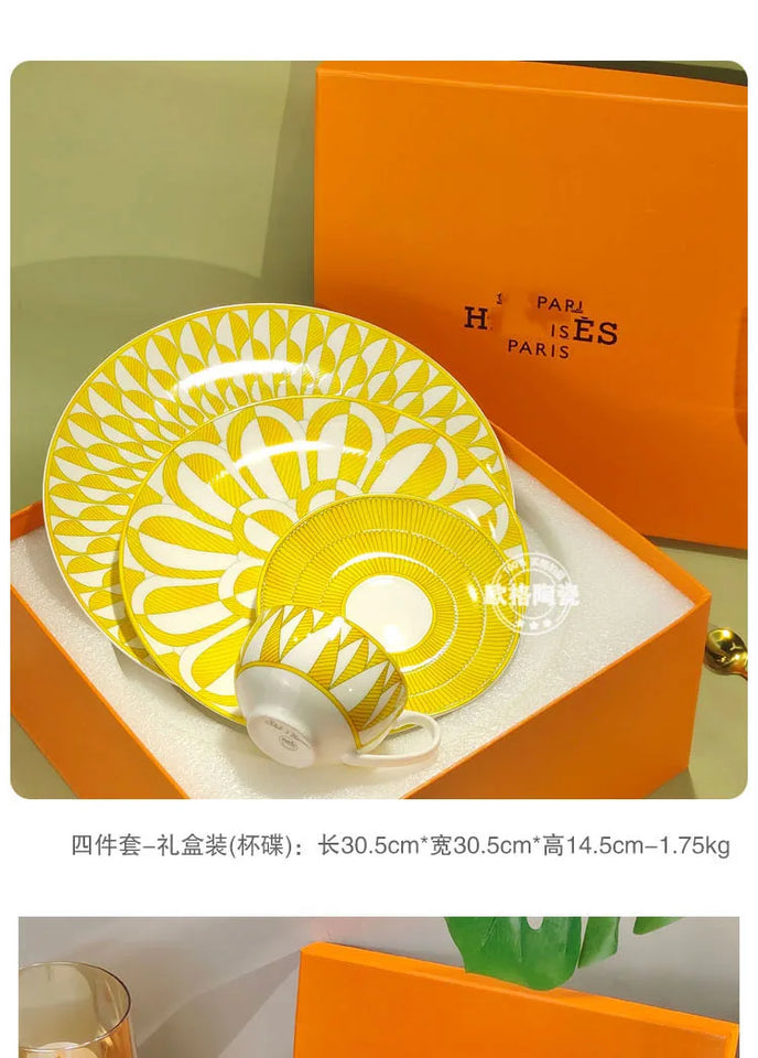 Elegant Bone China Dinnerware Set in Diamond Pattern – Sunshine Yellow