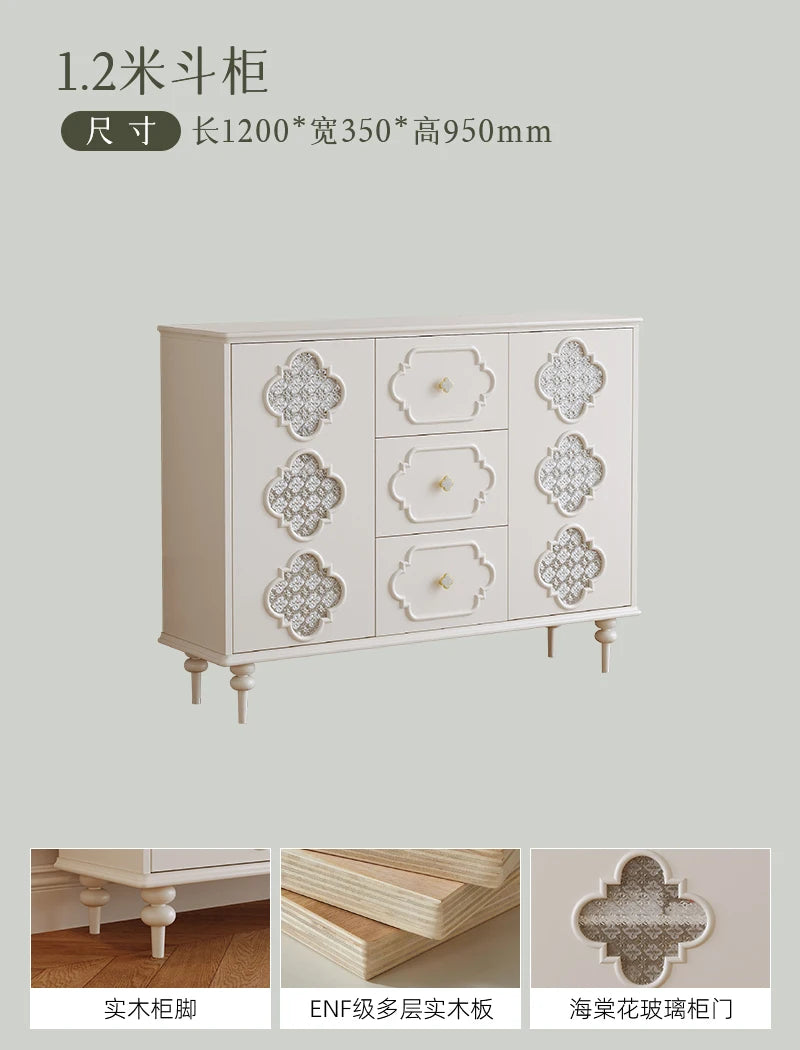 Luxury French Retro Sideboard Buffet Cabinet – Handcrafted Solid Wood with Begonia Glass & Designer Fretwork