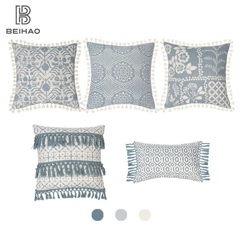 Boho Vintage Linen Pillow Case – Light Blue 45X45cm and 30x50cm