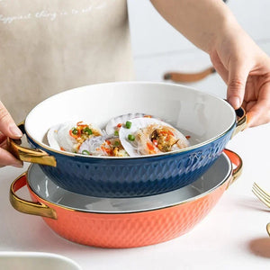 Golden Edge Ceramic Baking Dish – Retro Elegance Meets Everyday Function(non burning handles)