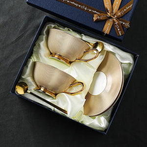 Retro Imperial European Bone China Cup & Saucer with Golden Spoon – Luxury Edition