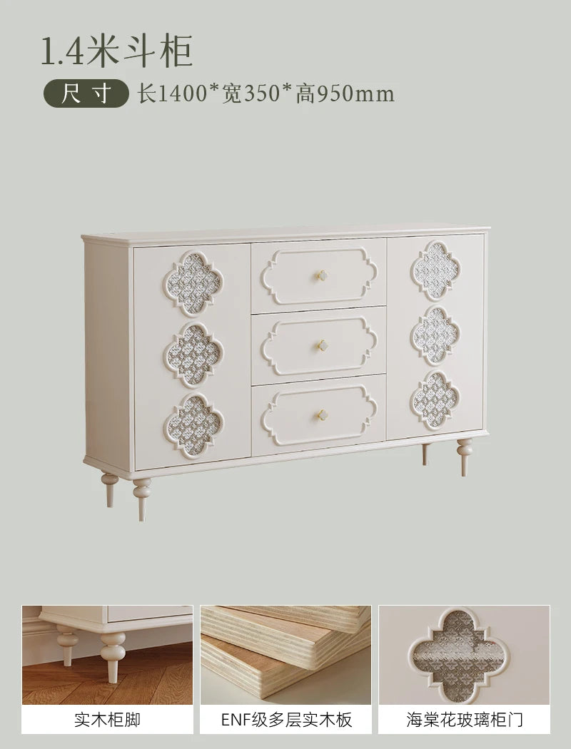 Luxury French Retro Sideboard Buffet Cabinet – Handcrafted Solid Wood with Begonia Glass & Designer Fretwork