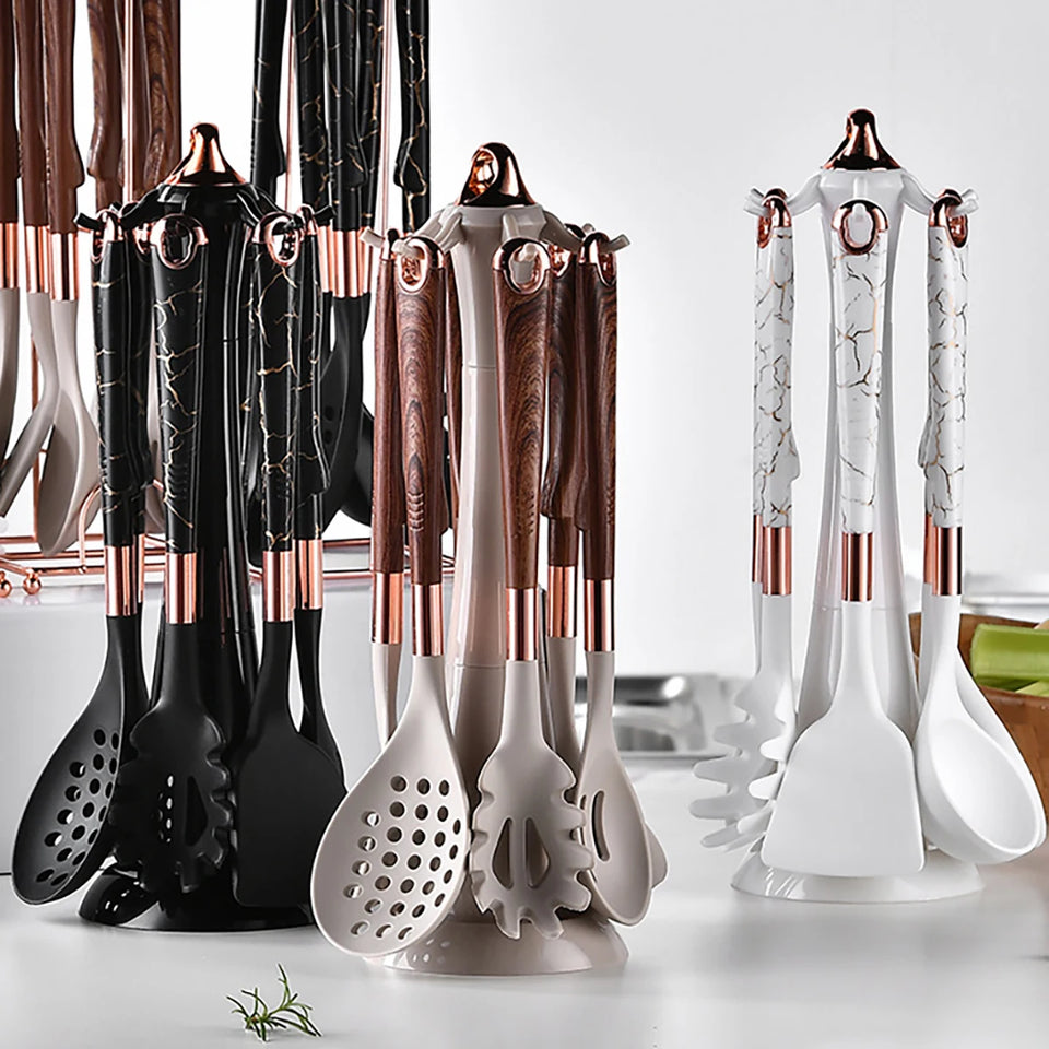 8-Piece Heat-Resistant Silicone Kitchenware Set with Storage Rack