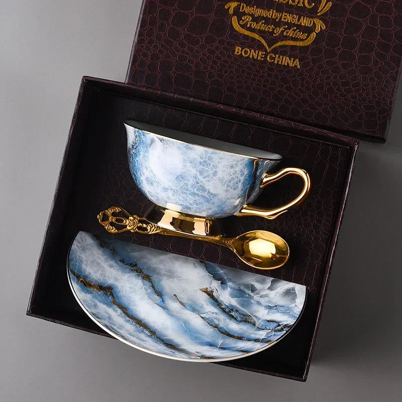 Retro Imperial European Bone China Cup & Saucer with Golden Spoon – Luxury Edition