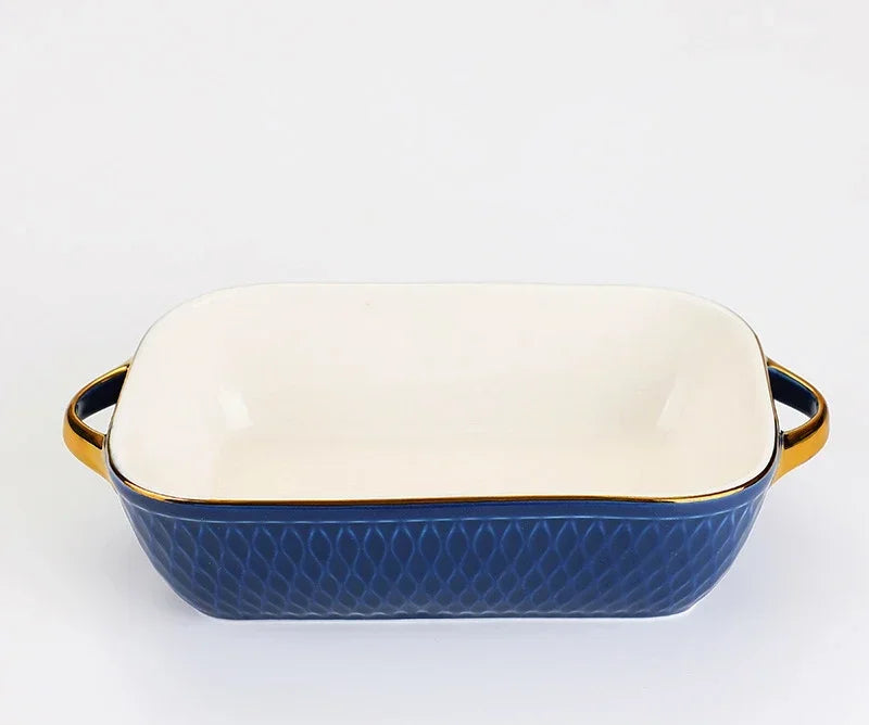 Golden Edge Ceramic Baking Dish – Retro Elegance Meets Everyday Function(non burning handles)