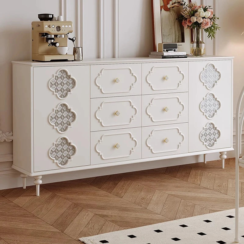 Luxury French Retro Sideboard Buffet Cabinet – Handcrafted Solid Wood with Begonia Glass & Designer Fretwork