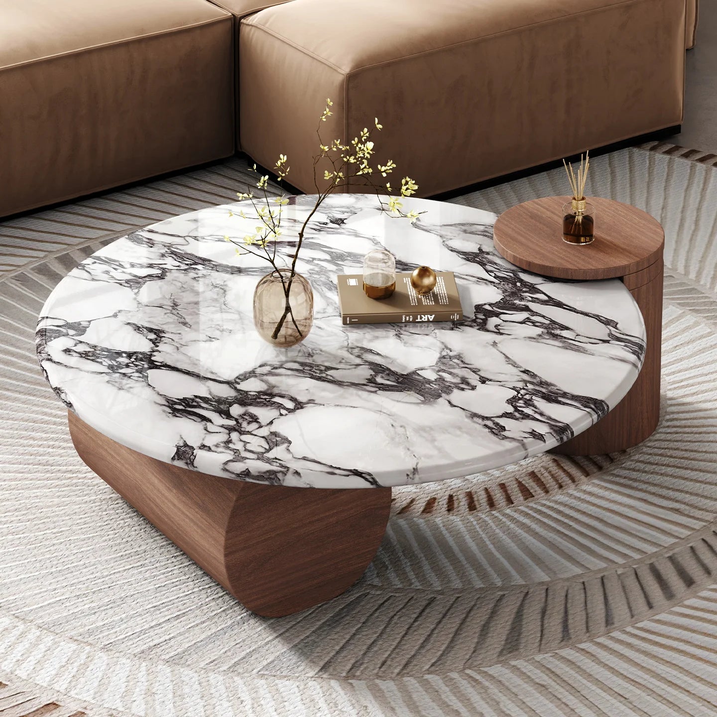 Moderne Hedendaagse Luukse Marmer Koffietafel – Minimalistiese Natuursteen met Massiewe Houtraam