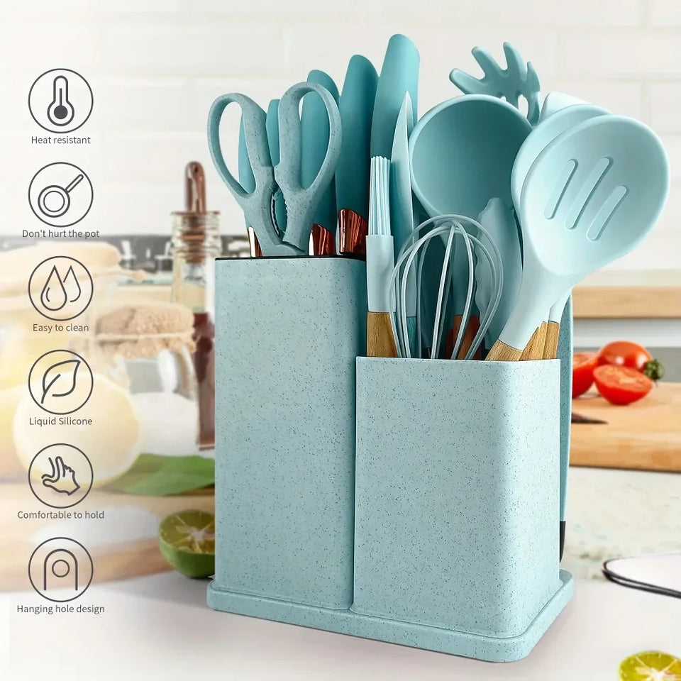 19-Piece Silicone Kitchen Utensils & Knife Set with Chopping Board