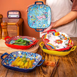 9-Inch Bohemian Retro Ceramic Dish with Double Ears – Oven & Microwave Safe