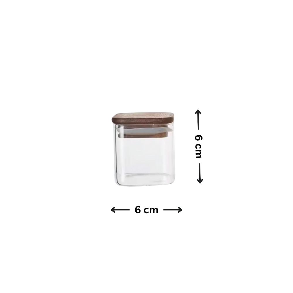 Square Glass Spice Jars with Acacia Wood Lid – Airtight Pantry Storage (180ml / 360ml / 800ml) | Packs of 6, or 12pk