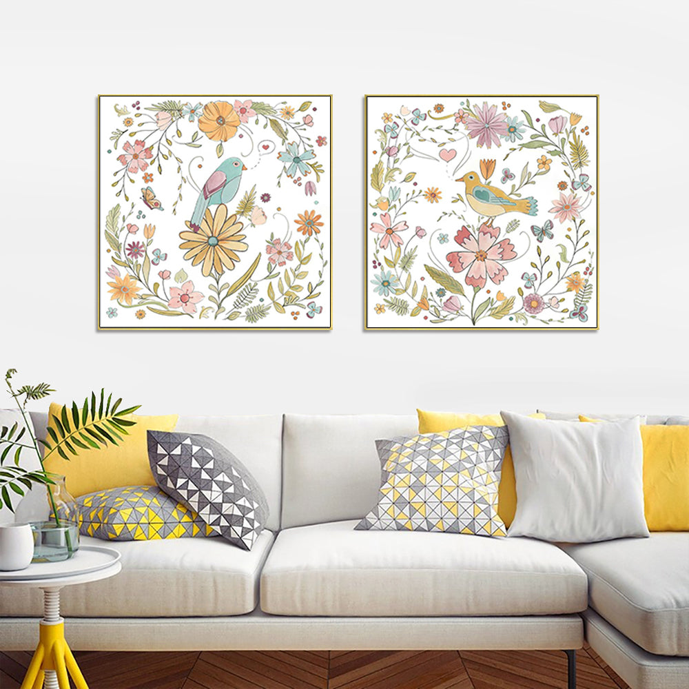 Wall Art 100cmx100cm Floral birds 2 Sets Gold Frame Canvas-1