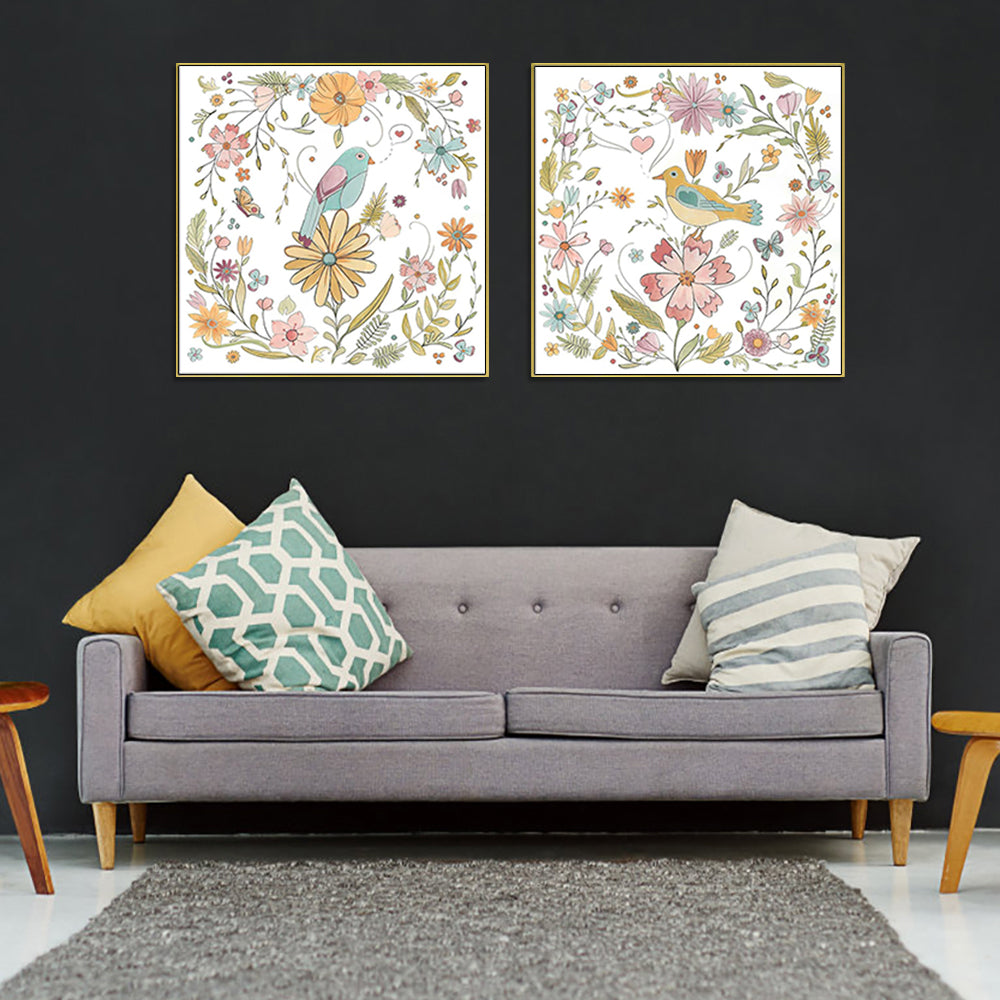 Wall Art 100cmx100cm Floral birds 2 Sets Gold Frame Canvas-2