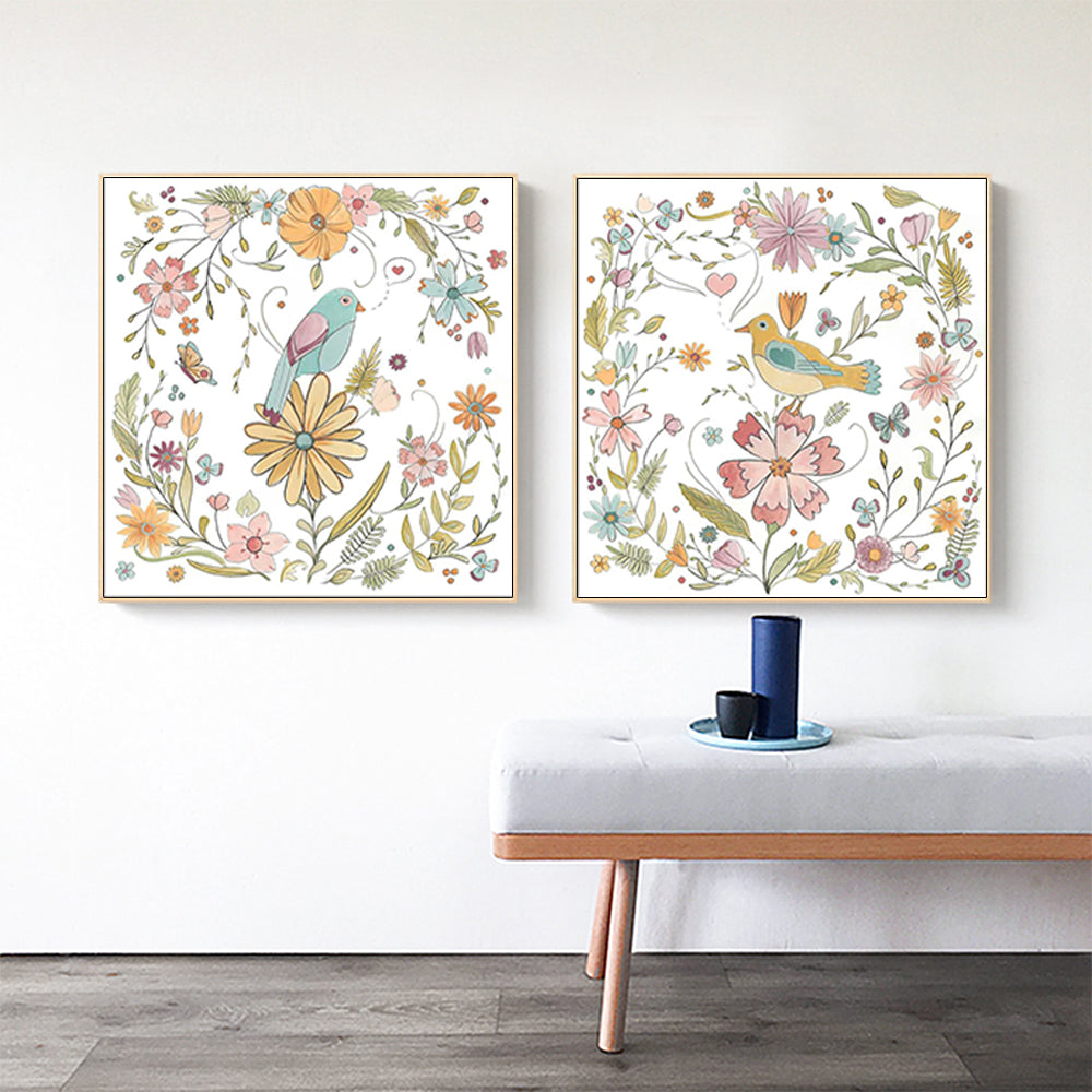 Wall Art 100cmx100cm Floral birds 2 Sets Gold Frame Canvas-3