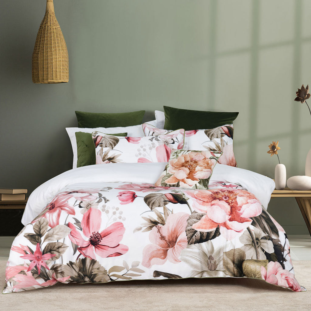 Queen White Floral Cotton Sateen Quilt Cover Set – Premium Designer Bedding, Soft & Elegant