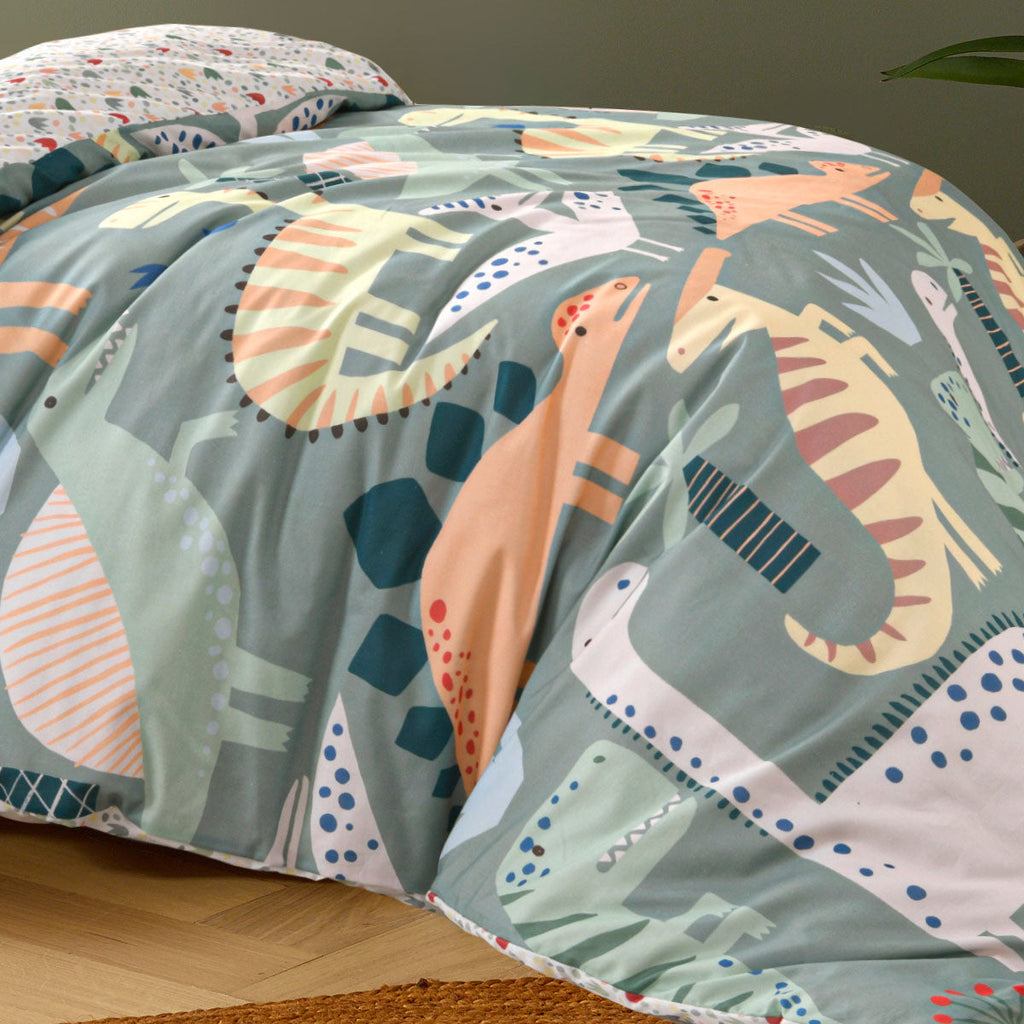 Dino Mania Green Cotton Quilt Cover Set – Single Size