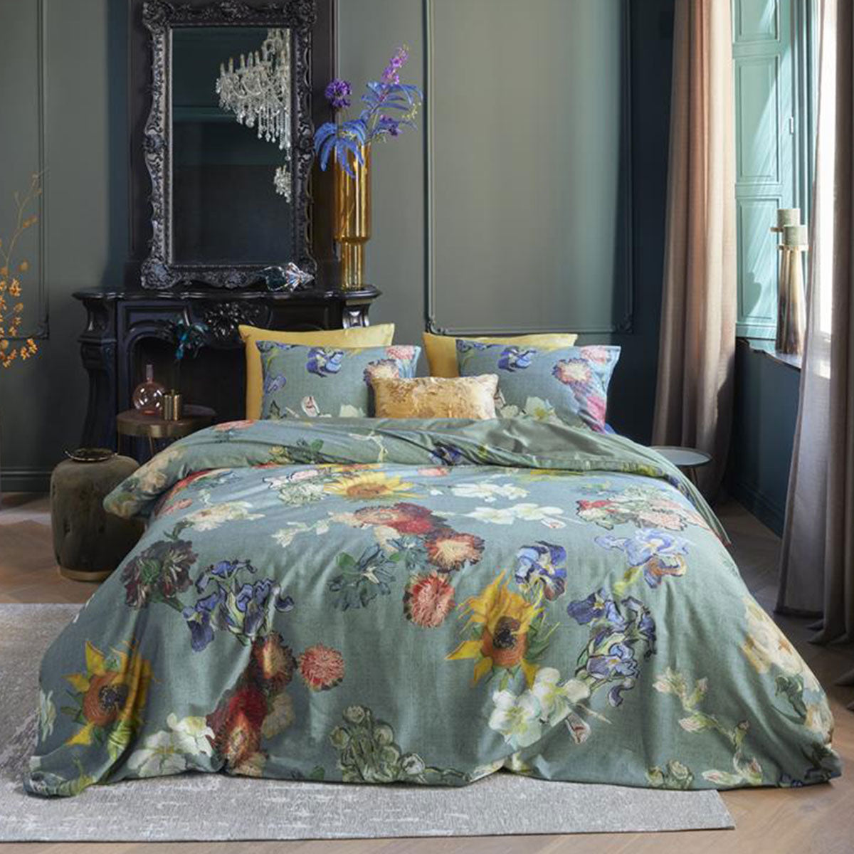 Van Gogh Partout des Fleurs Green Cotton Sateen Quilt Cover Set – King | Bedding House Luxury Art Collection