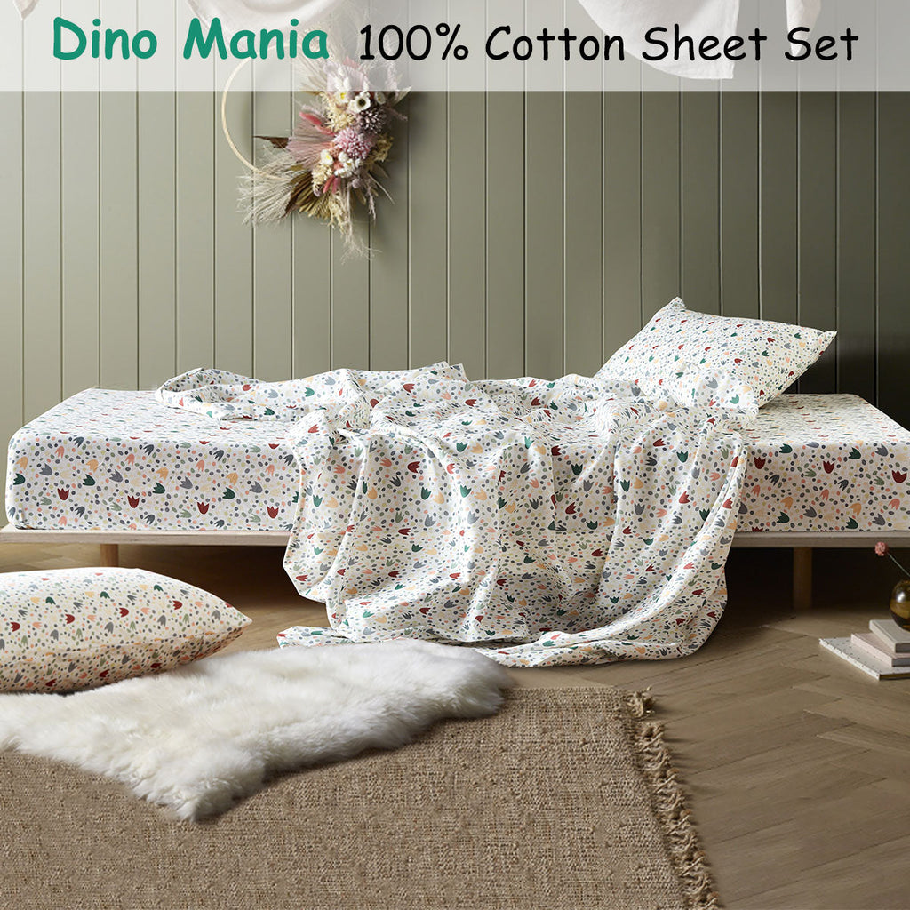 Dino Mania Green Cotton Sheet Set – Kids King Single Dinosaur Bedding by Happy Kids