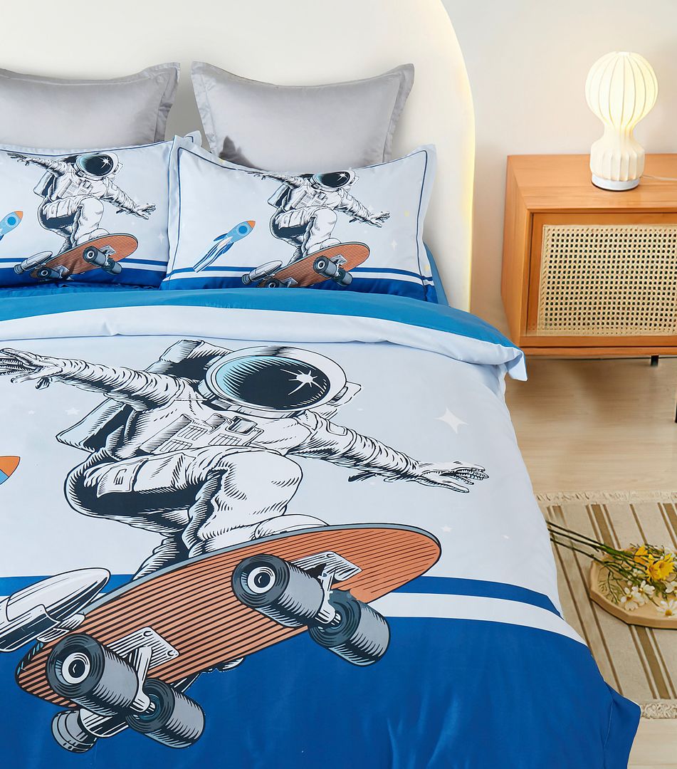 Astronaut on Skateboard Quilt Cover Set King Single – Space Adventure Bedding for Kids
