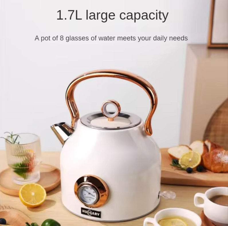 Electric Kettle with Temperature Display 1.7L – Fast Boil, Stainless Steel, Auto Shut-Off, Golden Handle, Modern Kitchen Design