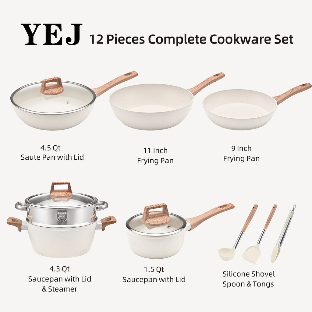 YEJ 12-Piece Non-Stick Complete Cookware Set | Pots, Pans & Utensils  (White)-0