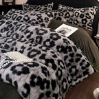 NNEDSZ Grey leopard-print Luxury Winter Faux Rabbit Fur Bedding Set - 4-Piece Melange Style Plush Set for 1.8m Beds (200x230cm Duvet Cover)-0