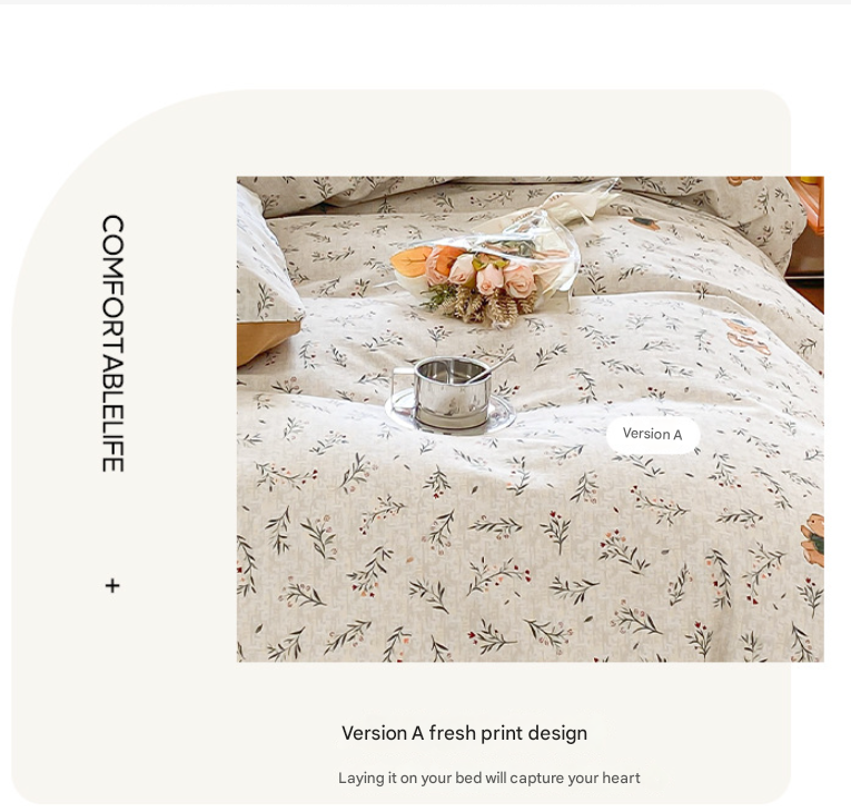 NNEDSZ Green Flower Thick Brushed Cotton 4-Piece Bed Sheet Set (1.5m Bed) - Fits 200x230cm Duvet-2