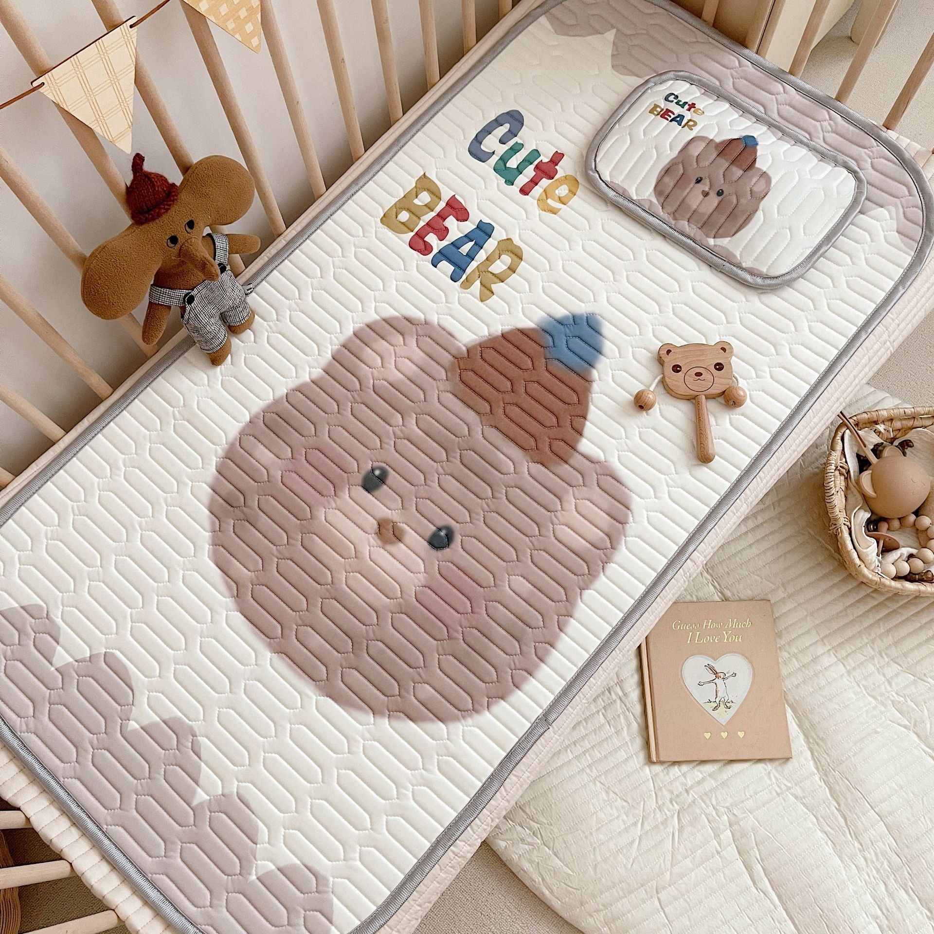 NNEDSZ Cute Bear Pattern 2 Piece Set Kids Cooling Pad Set - 60x120cm Cartoon Latex Mattress Protector,  Pillow-0