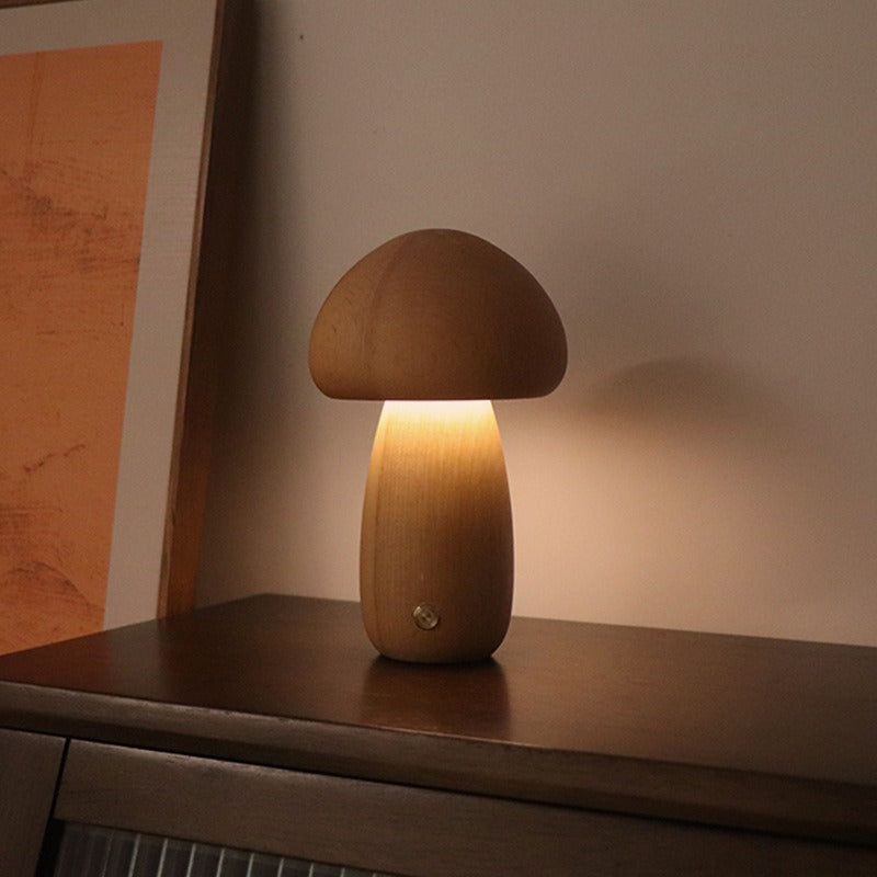Solid Wood Mushroom LED Table Lamp – Mid-Century Modern Design