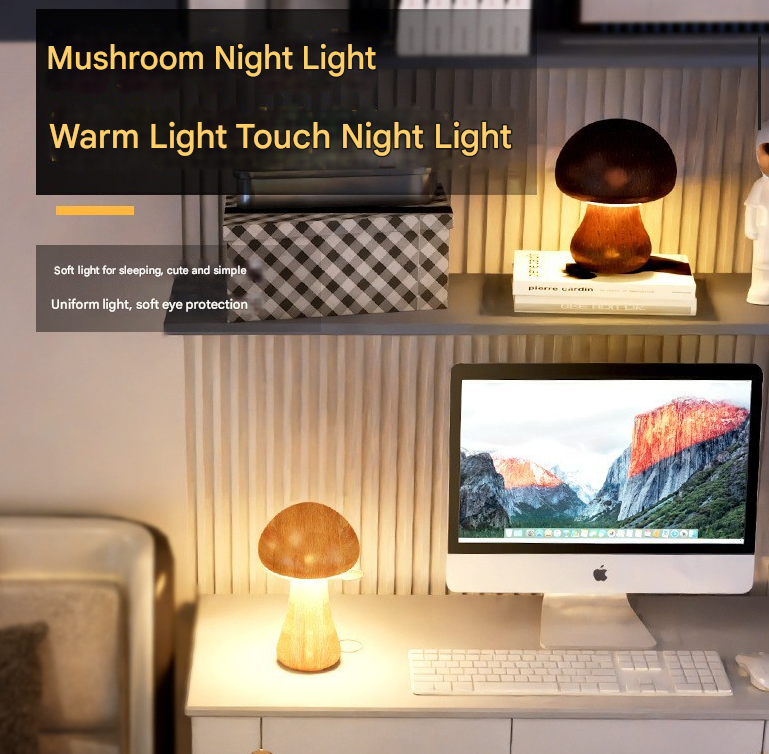 Solid Wood Mushroom LED Table Lamp – Mid-Century Modern Design