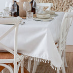 Water-Repellent Tablecloth & Picnic Mat with Tassel Trim – 250x142cm Poly Linen Look